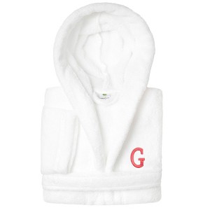 Personalized Linum Kids 100% Polyester SUPER PLUSH Double Brushed Hooded Bathrobe in Pink Bookman Font - 1 of 3
