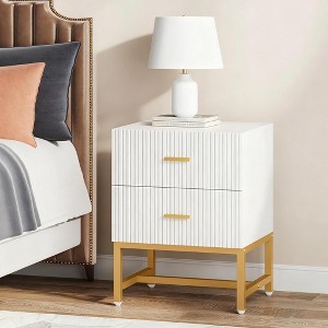 Gulches White Wood Nightstand with 2 Drawers Wave-Fluted Design and Gold Handles, 19.7”L×15.8”W×25.6”H, Sturdy P2 MDF - 1 of 4