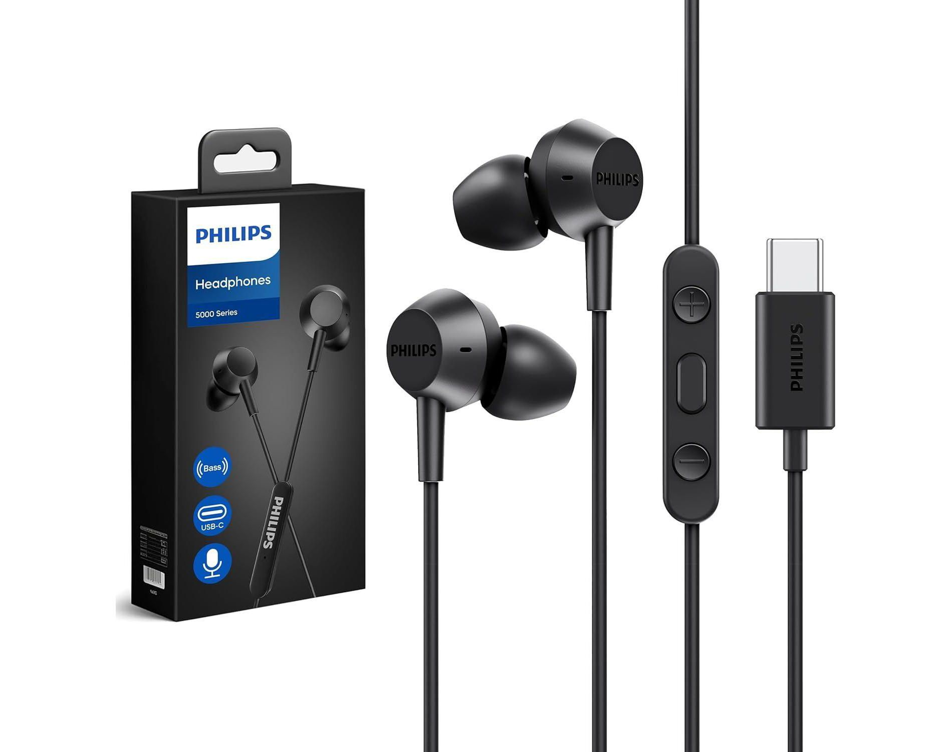 PHILIPS Wired Earbuds USB-C with Microphone Type-C Headphones, Powerful Bass, Lightweight In-Ear Design, 3-Button In-Line Remote