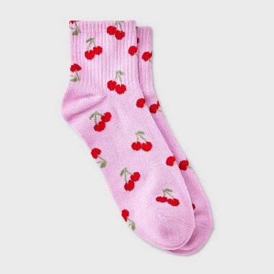 Women's Cherries Ribbed Ankle Socks - Pink/Red 4-10