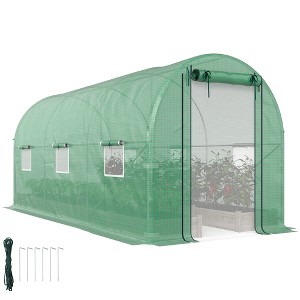Outsunny 14.6'x6.5'x6.6' Hoop House Greenhouse with 2 Support Rods, Zippered Roll-up Mesh Door, Walk-in Tunnel Greenhouse with PE Cover - 1 of 4