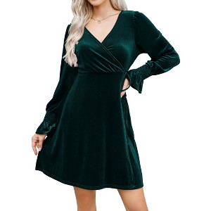 Clearlove Women Velvet Dress Long Ruffled Sleeve v Neck Dresses with Belt - 1 of 4