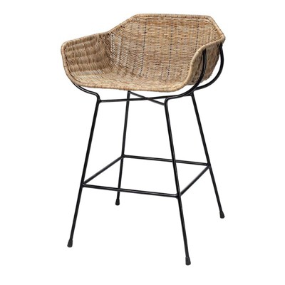 Natural Rattan and Black Steel Counter Stool