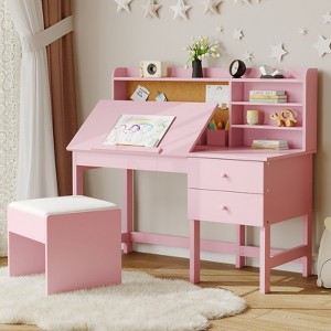 Kids Desk and Chair Set, Wooden Study Table with Adjustable Tilt Desktop, Drawers & Cork Board - Children School Learning Desk Set for Kids Ages 3-8 - 1 of 4