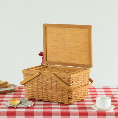 Large Natural Woodchip Picnic Basket with Movable Handles and Lid