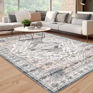 Washable Rug 8x10 - Vintage Traditional Floor Cover, Thin Retro Kitchen, Indoor Distressed, Non Slip Carpet, Floral Print Mat, for Living Room - 1 of 4
