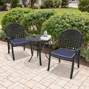 3-Piece Cast Aluminum Outdoor Dining Set: Round Table, Stackable Chairs & Blue Cushions - All-Weather Patio Furniture for Your Backyard - 1 of 4