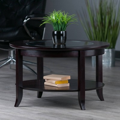Espresso Round Wood and Glass Coffee Table with Shelf
