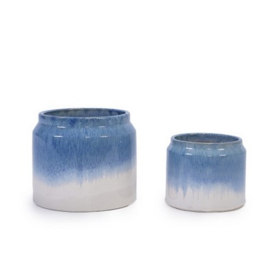 Syemin Planters Set of 2 Gradient Ceramic Flowerpot, Indoor and Outdoor Modern Planter for Patio, Garden, Windowsill, Blue, 8.46"*8.46"*7.28"