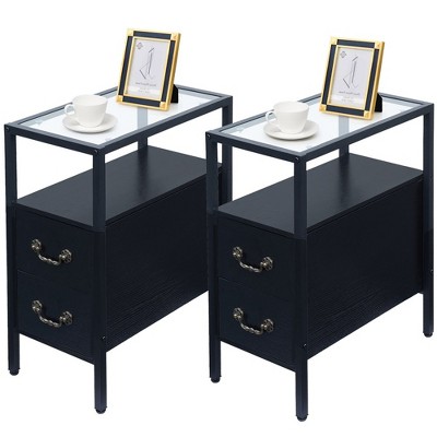 VECELO Wooden Side Table Narrow Nightstand Modern Rectangle Side Table with Tempered Glass & Double-drawer