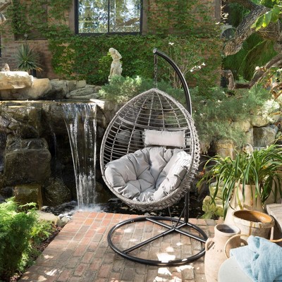 Gray Wicker Hanging Hammock Chair with Cushions
