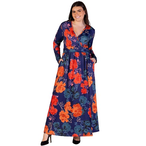 24seven Comfort Apparel Plus Size Navy Floral Print Long Sleeve Side Slit Maxi Dress - image 1 of 3