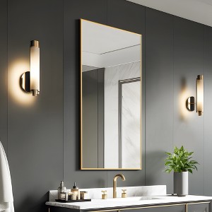MAYEERTY Hanging Mirror Aluminum Alloy Thin Edge Right Angle Rectangle Gold 38x26x1in Double Sided - 1 of 4