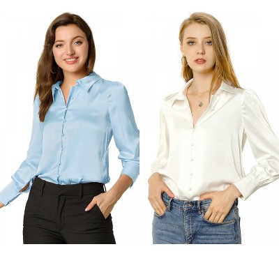 Allegra K Women's Satin Puff Sleeve Point Collar Vintage Button Up Shirt 2 Pcs