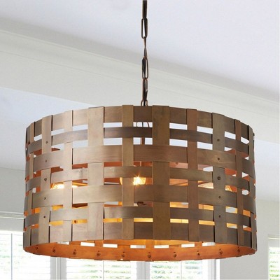 Patinaed Brass 4-Light Basketweave Drum Pendant