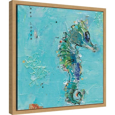 16-inch Blue and Green Seahorse Canvas Print with Wood Frame