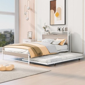 Full Size Metal Platform Bed Frame with Trundle, USB Ports and Slat Support ,No Box Spring Needed - 1 of 4