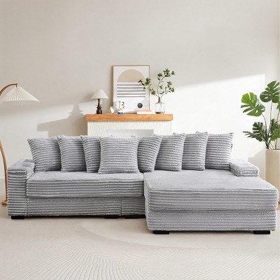 Modern 3 Seat Corduroy Sectional Sofa with Pillows,L-Shaped Sofa with Solid Wood Frame,Reversible Armrests Sofa for Living Room-Coolbibila