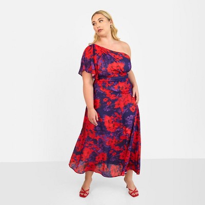 Rebdolls Women's Aurora Floral One Shoulder Midi A Line Dress