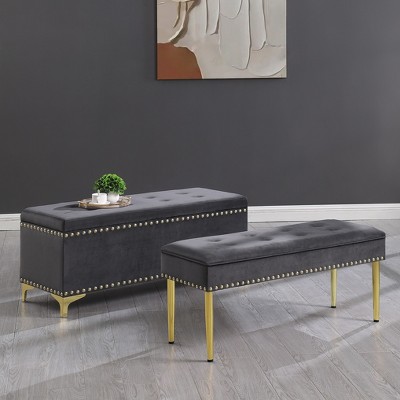 NicBex Modern Velvet Storage Bench Set of 2 with Gold Metal Legs for Bedroom and Entryway