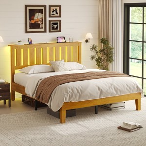 Greenstell Solid Wood Platform Bed with Headboard, LED Lights & Charging Station, Wood Slat Support - No Box Spring Needed for Bedroom - 1 of 4