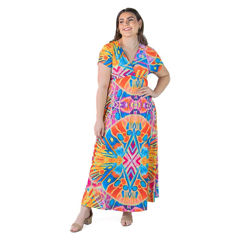 24seven Comfort Apparel Plus Size Multicolor Print V Neck Cap Sleeve Flowy Empire Waist Maxi Dress, 1 of 7