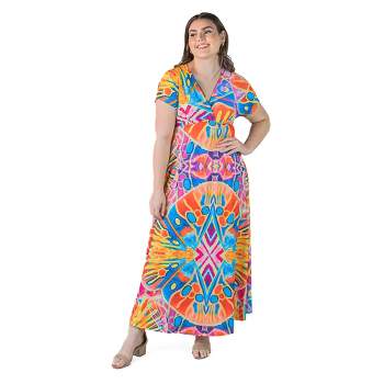 24seven Comfort Apparel Plus Size Multicolor Print V Neck Cap Sleeve Flowy Empire Waist Maxi Dress