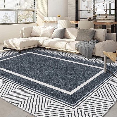 Washable Area Rugs, Modern Minimalist Bordered Geometric Print Carpet, Non Slip Low Pile Mat for Bedroom Living Room Farmhouse Nursery Home Office