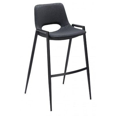 Faux Leather Barstool 39" H Black With Powder Coated Steel Frame and Armrests by Zuo Modern (Set of 2)