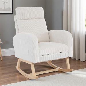 Linen Glider Rocking Chair with High Backrest and Solid Wood Legs - 1 of 4