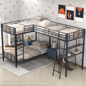 L-Shaped Twin Bunk Bed with Loft & Built-In Desk - Space-Saving Metal/MDF Design, Shelves & Safety Rails - Brown - 1 of 4