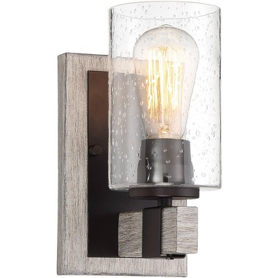 Franklin Iron Works Rustic Farmhouse Wall Light Sconce Gray Wood Grain Bronze Hardwired 9" High Fixture Seedy Glass for Bathroom