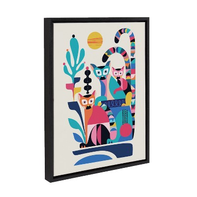 Mid Century Modern Multicolor Lemur Framed Canvas Art, 18x24