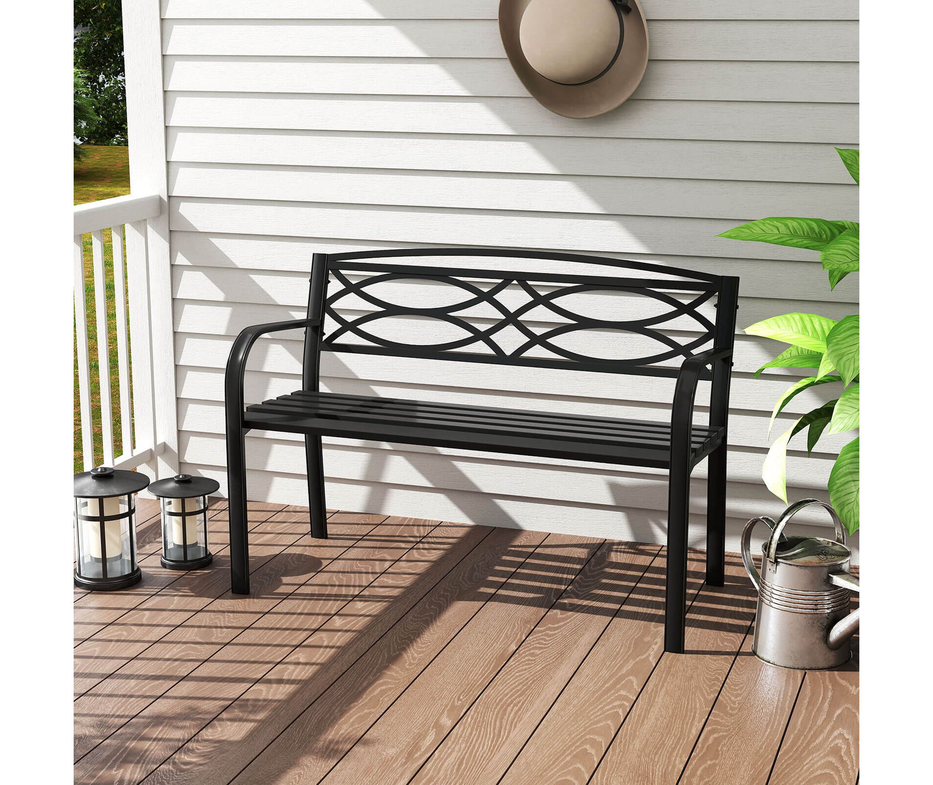 Costway Outdoor Bench 45.5" Patio Garden Bench with Backrest Curved Armrests for Backyard