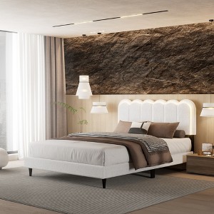 Okak Cream Style All Size Bedroom Platform Bed Frame with Upholstered Headboard,Modern Soft Bed No Box Spring Needed - 1 of 4