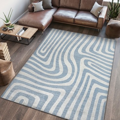 Blue and Cream Abstract Synthetic 4' x 6' Washable Area Rug