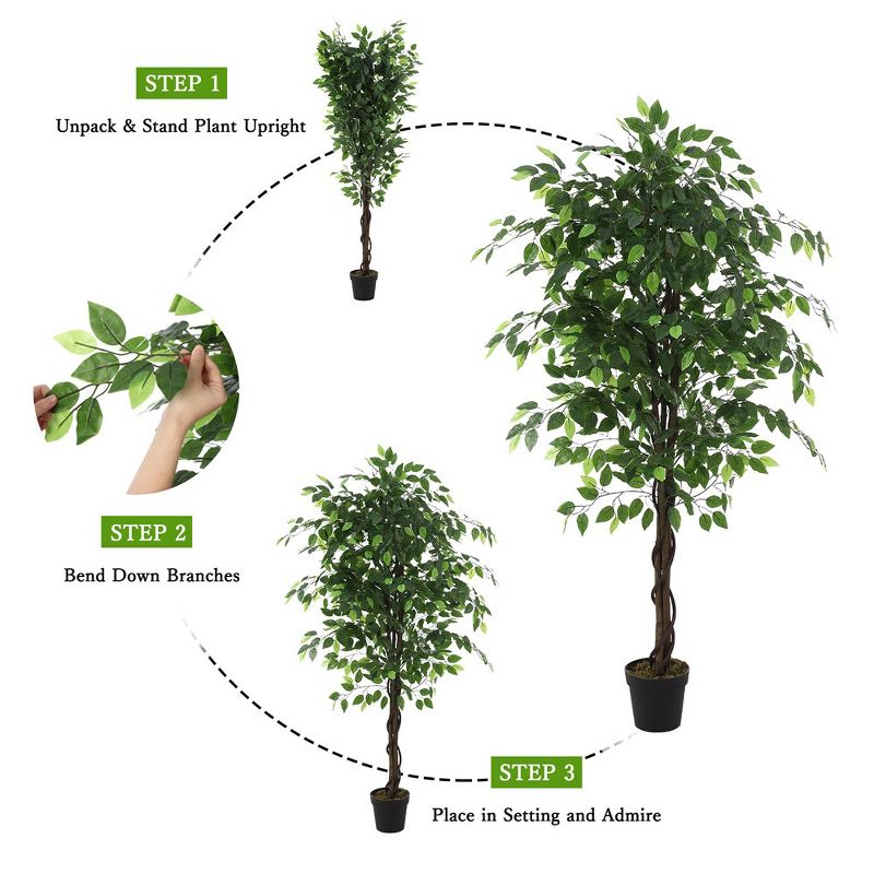 2PCS Artificial Ficus Tree, 5FT Tall with Silk Leaves, Fake Moss, and Sturdy Nursery Pot, for Indoor and Outdoor Home, Office, and Farmhouse Decor, 2 of 7