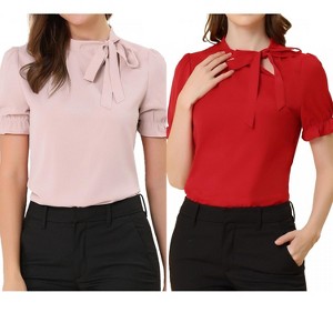 Allegra K Women's Elegant Bow Tie Neck Elastic Cuffs Office Short Sleeve Blouse 2 Pcs - 1 of 4
