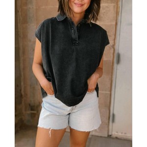 Women's Cap Sleeve Washed Polo Shirt - BUCKETLIST - 1 of 2