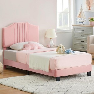 Kids Twin Bed Frame with Velvet Upholstered Headboard, Non-Slip and Soundproof Platform Bed, No Box Spring Needed, Easy Assembly - 1 of 4