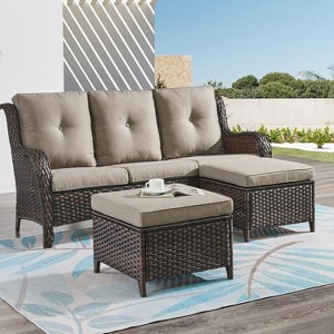 SUGOLD 3 Piece Patio Furniture Set All Weather Wicker Outdoor Sectional Sofa Manual Weaving Rattan High Curved Back Patio Couch with Ottomans - 1 of 1