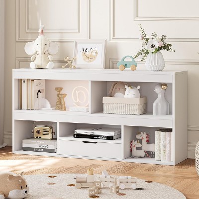 Garvee 2-Tier Kids Bookshelf and Toy Storage Organizer with 5 Cubbies and 1 Drawer, 47.2¡±W x 24¡±H, White
