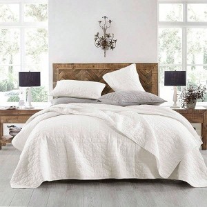 Queen Size Quilt Set, Stone - Washed Cream Coverlet with Triangle Stitch, Ultra Soft Lightweight Bedspread for All Seasons, 3 Pieces - 1 of 4