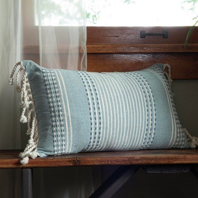 Blue Hand Woven Cotton Throw Pillow with Tassels