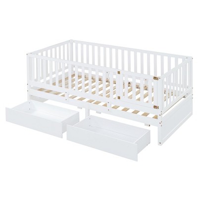 NicBex Daybed, Wooden Day Bed with Fence Guardrails and 2 Drawers, Sofa Bed Frame with Floor Bed