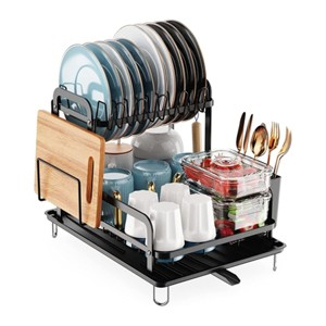 FURNIinspire Kitchen Racks 2 Tier Dish Drying Rack Kitchen Dish Rack with Drainboard Detachable Drainer Organizer, Black, 16.56"*14.57"*13.11" - 1 of 4