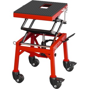 Heavy-duty hydraulic motorcycle lift, 350lb capacity. Features wide deck, J-hooks & 4 wheels. Foot-operated for easy use with ATVs and dirt bikes - 1 of 4