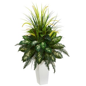 Nearly Natural Mixed River Fern and Dog tail Artificial Plant in White Tower Planter - 1 of 1
