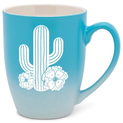 Elanze Designs Cactus Flower Two Toned Ombre Matte Pale Blue and White 12 ounce Ceramic Stoneware Coffee Cup Mug