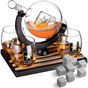 The Wine Savant Army Globe Design Whiskey & Wine Decanter Set Includes 4 Whiskey Glasses & 9 Whiskey Stones Laid on A Beautiful Wood Base - 850 ml - 1 of 4